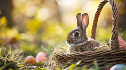 Wall Mural - easter bunny sitting in a basket with colorful easter eggs