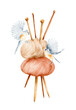 Threads for knitting with knitting needles and blue tits. Watercolor knitting logo