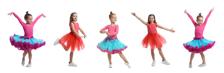 Canvas Print - Cute little girls dancing on white background, set of photos