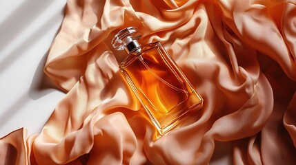 Wall Mural - Bottle of women's perfume on a light peach-colored fabric