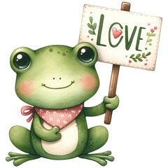 Wall Mural - Cute frog holding a love sign, Happy Valentine's Day, Watercolor, Isolated on transparent background. Generative AI