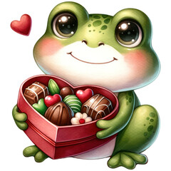 Wall Mural - Cute frog holding a box of chocolate, Happy Valentine's Day, Watercolor, Isolated on transparent background. Generative AI