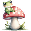 Cute frog sitting on red mushroom, Happy Valentine's Day, Watercolor, Isolated on transparent background. Generative AI