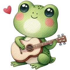 Wall Mural - Cute frog playing guitar, Happy Valentine's Day, Watercolor, Isolated on transparent background. Generative AI