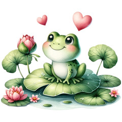 Wall Mural - Cute frog sitting on lotus leaves, Happy Valentine's Day, Watercolor, Isolated on transparent background. Generative AI