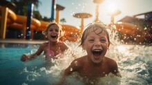Happy Boy And Girl Enjoying Their Summer Sunny Holiday In The Water Park, Swimming In The Pool And Sliding Down The Water Slides In The Summer