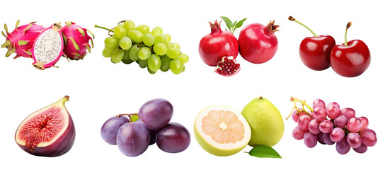 Set of mix different fruits isolated on transparent background, ripe tropical natural fruit concept, Healthy food with high of vitamin and minerals. Freshness of juicy fruit.