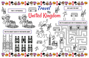 Wall Mural - A fun holiday placemat for kids. Print out the “Travel to United Kingdom” activity sheet with a labyrinth, find the differences, and find the same ones. 17x11 inch printable vector file