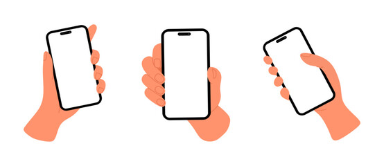 Mobile phone in hand with blank screen. Hand holding smartphone, colored flat collection isolated on white background. Smartphone with white display or screen. Colorful cartoon vector illustration