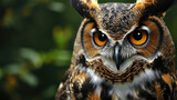 Fototapeta  - A closeup portrait of a great horned owl in its natural environment.