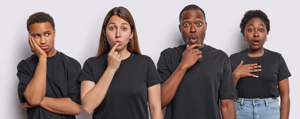 Wall Mural - Multiracial young women and men stand in row over white wall dressed in black t shirts react to something shocking hear something incredible hold breath from amazement. Collage of four people