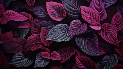 Wall Mural - pattern with purple fittonia leaves with veins, wallpaper background violet drawing painting texture exotic tropical plants dark forest design for fabric paper notebook covers plant illustration