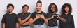 Image of cheerful four women and happy Hindu man express positive emotions show thankful gesture love sign embrace herself dressed in black clothes isolated over white background. Set of young people