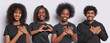 © WHstudio Leushin N - Horizontal shot of cheerful women and one Hindu man express gratitude and make heart gesture dressed in casual black clothes stand in row against white background. People and body language concept