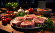 Gourmet Meal Preparation: Fresh Pork Chops with Herbs and Tomatoes on Rustic Kitchen Counter