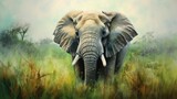 Fototapeta  - A little elephant with pastel colors in a green landscape, showcasing the realistic wrinkles in its skin generative ai