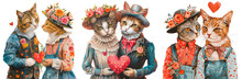 Set Of Vintage Drawn Loving Cats In Retro Clothes. Cat Couples With Hearts. Declaration Of Love. Isolated On A Transparent Background.