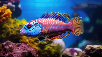 A tropical fish with shiny scales in a coral reef, highlighting the diverse colors underwater generative ai