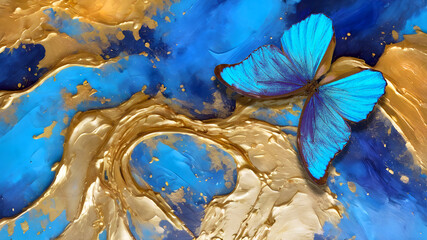 Wall Mural - bright blue tropical morpho butterfly against a background of abstract blue and gold brush strokes of oil paint on canvas.