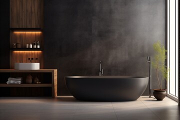 Wall Mural - A black color bathtub in a modern luxurious bathroom