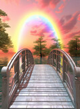 Fototapeta Tęcza - A Serene Wooden Bridge with a Vibrant Rainbow