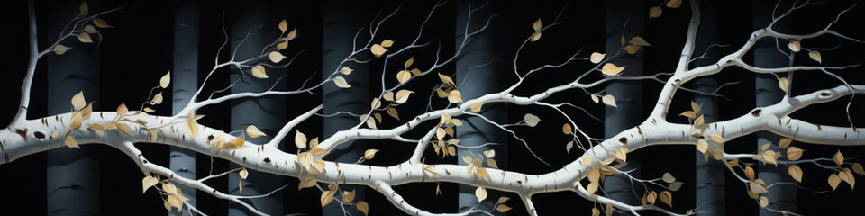 Wall Mural - A birch tree with stark white bark, its intricate branches against a midnight black wall, creating a captivating 3D visual.