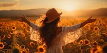 Woman In The Sunflower Field. A Girl On The Sunset In Sunflowers. Country Style. Summer Vibes. 