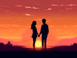 © Cozy Art - Silhouettes of a man and woman holding hands against a sunset background