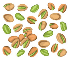Set Of Colored Realistic Roasted Pistachios Nuts In Group, Separate On White Background. Salty Delicious Organic Food, Nutshells. Peeled. Food Package, Traditional Snack, Green, Healthy, Nutritional.