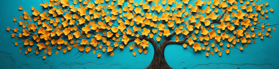 Wall Mural - A radiant turquoise tree against a sunflower yellow wall, its intricate leaves forming a vivid 3D pattern.
