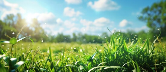 Poster - World environment day concept Blur green garden nature and blue sky on agriculture field background. Creative Banner. Copyspace image