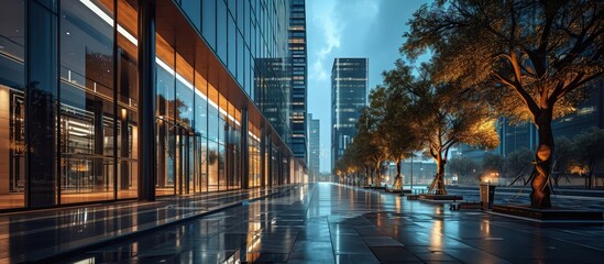 Aufkleber - modern office buildings in hangzhou west lake square at night on view from empty street. Creative Banner. Copyspace image