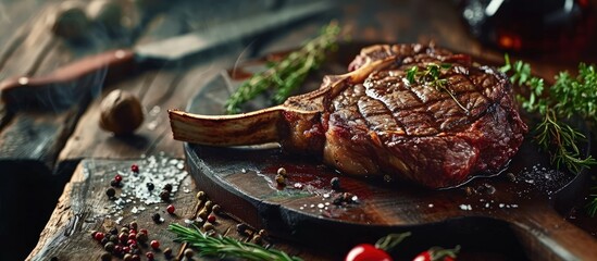 Poster - Raw Tomahawk beef steak and spices Ready for grilling. Creative Banner. Copyspace image