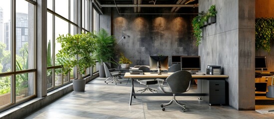 Poster - Modern empty elegant office with windows and workplaces Mixed media. Creative Banner. Copyspace image