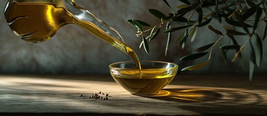 Poster - Organic olive oil pouring from carafe into glass bowl. Creative Banner. Copyspace image