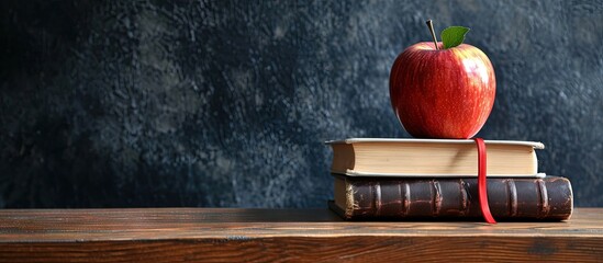 Aufkleber - Open book and red apple on desk with empty chalkboard. Creative Banner. Copyspace image