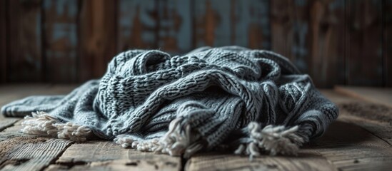 Poster - Warm knitted gray crumpled blanket on a wooden background. Creative Banner. Copyspace image