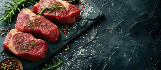 Wall Mural - Pieces of red meat steaks with rosemary served on black stone surface Shot from upper view. Creative Banner. Copyspace image