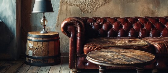 Aufkleber - Photo of luxurious leather sofa and small wooden table. Creative Banner. Copyspace image