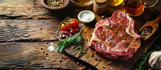 Poster - Perfect beef tartare steak with onion capers pickled cucumbers and mushrooms on wooden table. Creative Banner. Copyspace image
