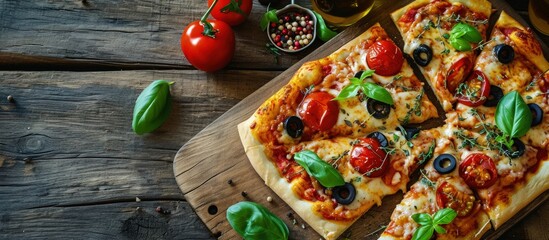 Poster - Rectangular pizza with mushrooms tomatoes and arugula on a wooden cutting board. Creative Banner. Copyspace image