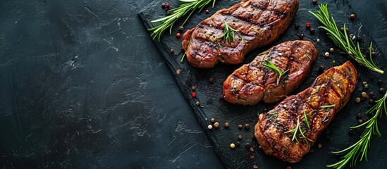 Poster - Pieces of red meat steaks with rosemary served on black stone surface Shot from upper view. Creative Banner. Copyspace image