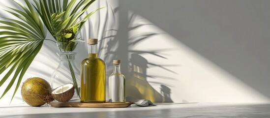 Aufkleber - Palm oil in glass jug tropical leaf and fruits on wooden table against white background. Creative Banner. Copyspace image