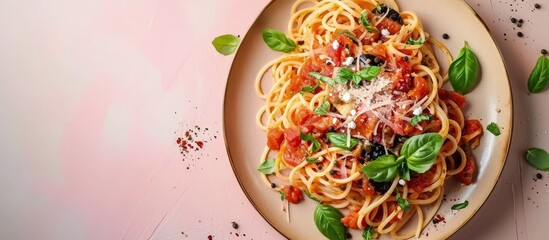 Aufkleber - Pasta with eggplant tomato sauce basil served with grated ricotta salata cheese Pasta alla Norma pasta salad Pink and beige table surface Directly above vertical image. Creative Banner