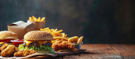 Poster - Trible Cheeseburger Frying basket with Mozzarella Stick Chicken Wings Chicken Nuggets and Fries. Creative Banner. Copyspace image