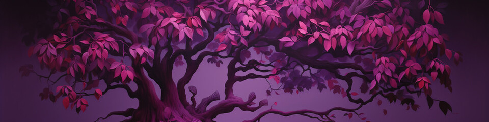 Wall Mural - A tree embellished in vibrant amethyst shades, its intricate foliage against a deep maroon wall, casting mesmerizing 3D shadows.