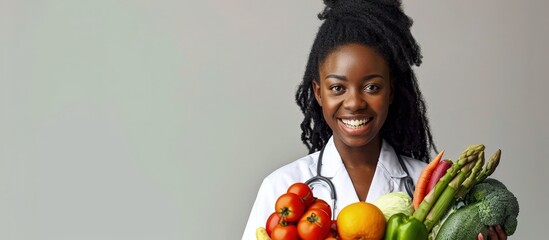Aufkleber - Portrait of happy black dietitian in lab coat holding bowl of fresh fruits and vegetables smiling at camera at clinic Weight loss consultant recommending healthy plant based diet. Creative Banner
