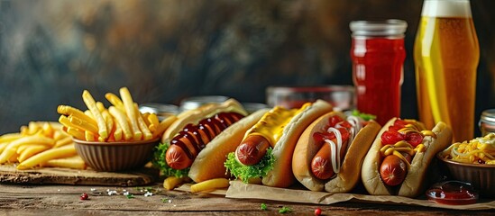 Wall Mural - Traditional hot dogs french fries drink and sauces Restaurant menu. Creative Banner. Copyspace image