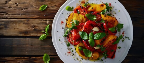 Aufkleber - Vegetables salad on white plate Red and yellow sweet peppers grilled with garlic and basil Mediterranean cuisine. Creative Banner. Copyspace image