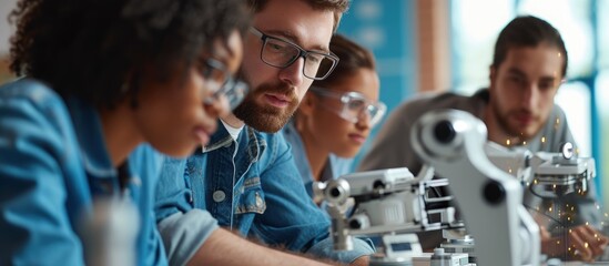Poster - University Robotics Class White Male Teacher Explaining Engineering to Students Using Robot Arm Diverse Group of Young Engineers Sitting at University Computer Science Education Build Design
